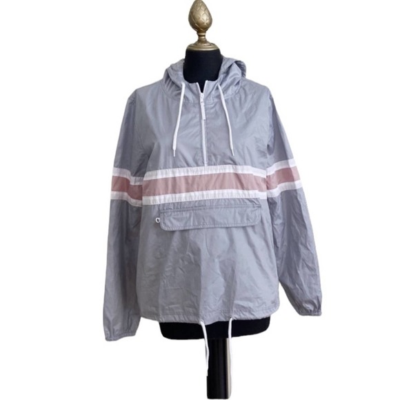Zine Windbreaker Striped Hooded Pullover Grey Mauve Size Medium - Picture 1 of 5